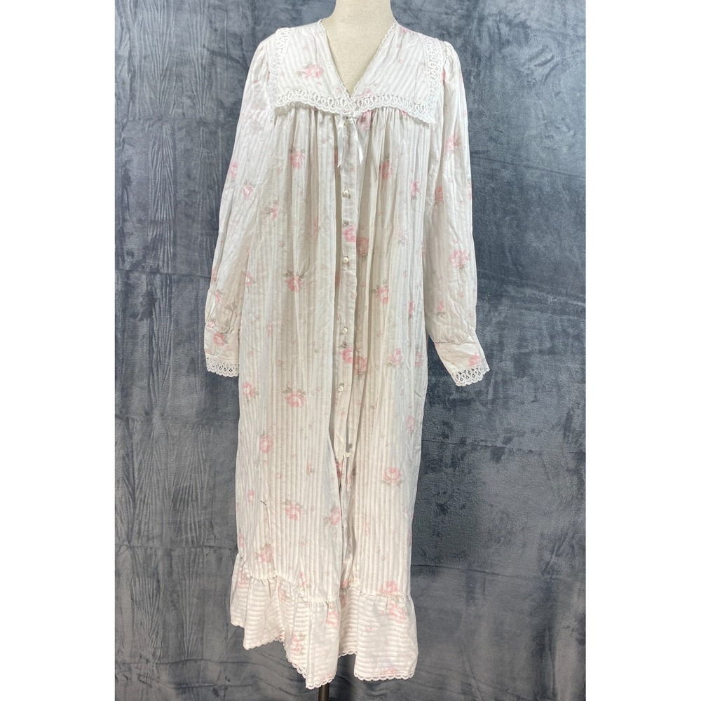 Vintage Willow Creek Long Rose Lace Trim Button Up Nightgown XL Cottagecore USA
